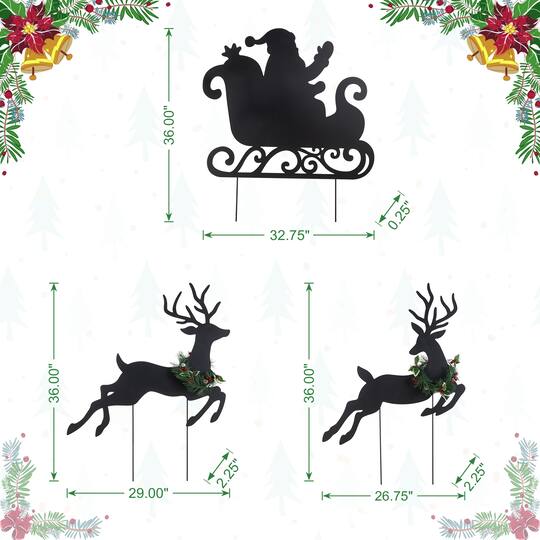 Glitzhome® 36" Set of 3 Christmas Lighted Metal Reindeer & Santa Sleigh Yard Stake with Timer